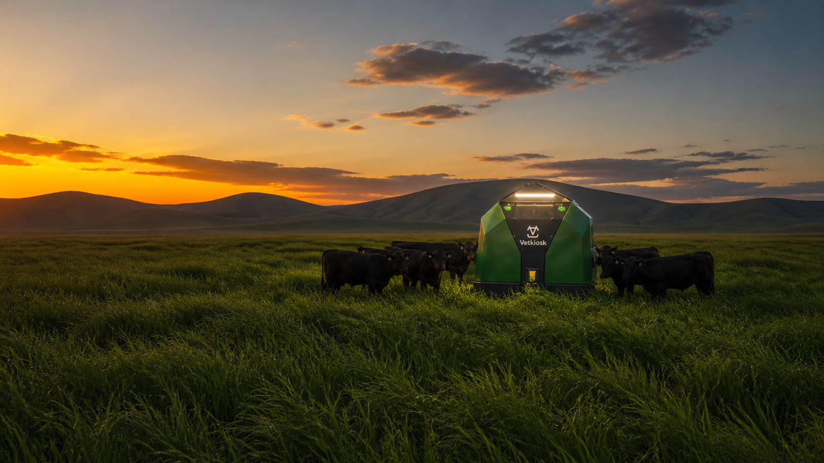 Vetkiosk autonomous feeder in the field at sunset, with cattle